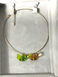 14k YG Lalique  Green And Amber Glass Butterflies On A 15 Inch Wire Choker 14k Gold Necklace-Signed