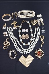 Lot Of Chic Vintage Pearl Jewelry, Gold Pins, & Earrings. Including Givenchy Snake Pin With Rhinestones