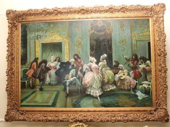 Large, 18th C. Style Painting On Canvas, Of A Ballroom Dance, With Gorgeous Baroque Frame, Signed Sherrington