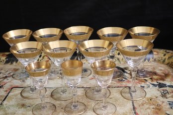 Set Of Fine Barware With Gold Painted Rims Including A Decorative Metal Tray