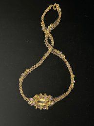 18k YG 18 Inch Woven Wire Necklace With Citrine Center Stone And Sections Of Mixed Semiprecious Stone Clusters