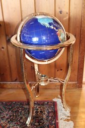 .Blue Lapis Gemstone Floor Standing World Globe Brass Tripod Made With Semi-precious Stones, Compass On Bot