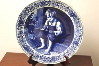 Delft Holland Blue And White Wall Plate Of Little Boy Playing Flute.