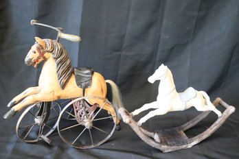 Ethan Allen Ceramic Rocking Horse Sculpture And Adorable Horse Tricycle.