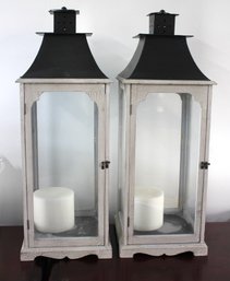 Pair Of Very Tall Lanterns With Glass Panels, Wood Frames And Metal Tops