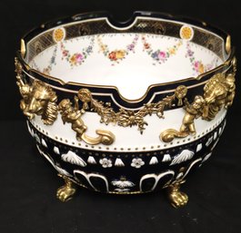 Spectacular Large Painted Centerpiece Bowl With Ormolu, Angels And Lions Heads.