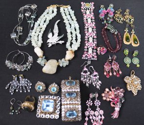 Large Lot Of Blingy Costume Jewelery With Pink, Blue And Green Stones, And A Fabulous Hobe Bracelet And More