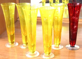 Set Of 6 Etched Cocktail Glasses With In Yellow & Red