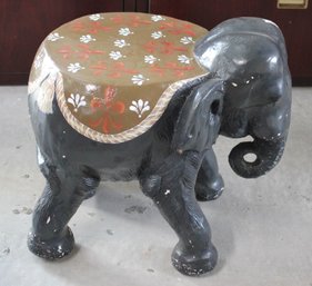 Charming Painted Plaster Elephant Stool With Folk Art Whimsy