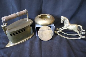 An Assortment Of Vintage Brass Collectables With Antique Iron, Snuff Box And Ashtray,