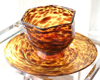 Large Art Glass Centerpiece Bowl & Platter Of Tortoiseshell Design Made In Italy By TF Art Glass