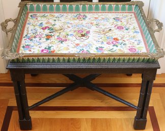 Opulent Brass Mounted And Painted Porcelain Tray On Faux Bamboo Table.