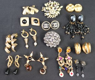 Lot Of Vintage Costume Pins, And Earrings Some With Colorful Stones Including Designer Warner Pin