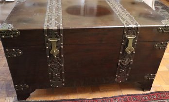 Large Wooden Trunk With Lid And Chinese Brass Adornments.