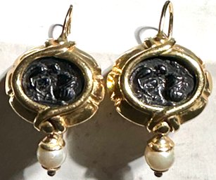 18K YG PAIR OF CARVED ONYX EARRINGS WITH DANGLING PEARL ACCENTS