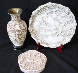 Ivory Dynasty Chinese Designed Vase, Wall Plate And Trinket Box