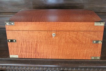 Very Large Tigerwood Maple Veneer Humidor Box With Brass Corners, Handles And Key