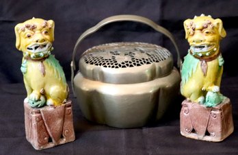 Pr. Small Porcelain Foo Dogs/ Lions And Metal Incense Holder.