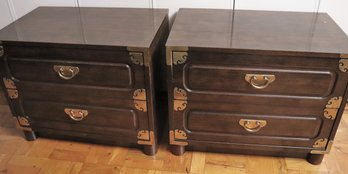 Pair Of Mid-Century Nightstands With An Asian Flair And Brass Adornments