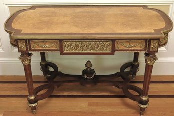 Louis XVI Style Table Or Desk, With Burlwood Top And Bronze Ormolu Of Swags And Corinthian Columns.