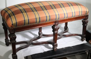 French Style Carved Wooden Bench With Plaid Upholstery