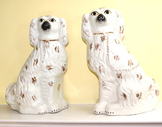 Pair Of Large Antique Porcelain Staffordshire Dogs With Gold Highlights