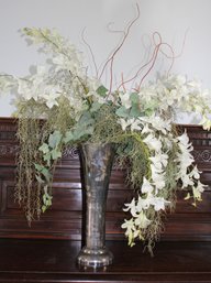 Ralph Lauren Extra Tall, Silver-plated Vase With Faux Floral Orchids And Spanish Moss