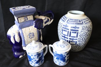 Decorative Blue White Ceramic Elephant, Ginger Jar And 2 Lidded Mugs.