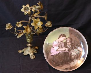 Antique Brass Candelabra And German Pedestal Plate With Fruit Sellers Scene.