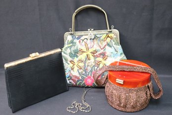 Three Vintage Ladies Pocketbooks With Beaded Bakelite, And Faux Snake Skin Clutch.