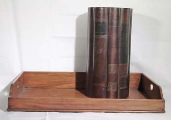 English Vintage Wooden Desk Tray And Leather Books Umbrella Holder