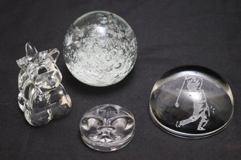 Collection Of Glass Paperweights, Including A Dog, Etched Golfer And Fleur De Lis