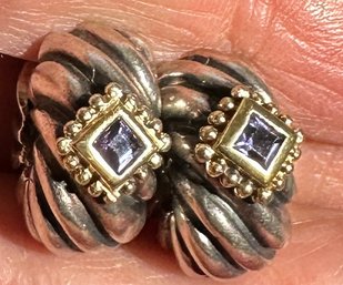 14K YG / STERLING SILVER DAVID YURMAN STYLE PAIR OF HUGGIE EARRINGS WITH AMETHYST STONES