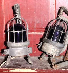 Vintage Industrial Shock Proof Lanterns With Blue Glass Bulbs