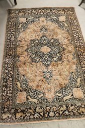 Handmade Silk Area Rug With Hunting Scene Motif And Center Medallion