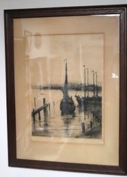 A Vintage Signed And Framed Engraving Of Sailboats.