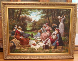 Signed Oil Painting On Canvas Of A 19 Th Century Bucolic Picnic Scene.