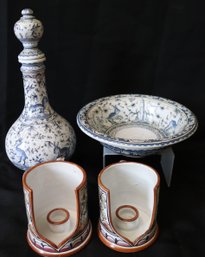 Portugal Hand Painted Decanter, Bowl, And Cup Shaped Candle Holders.