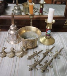 Lot Of Vintage Brass Items With Candlesticks, Bell, Lizards, Ducks