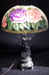 Fabulous Floral Hand Painted Table Lamp With Figural Base & Beautiful Glass Shade