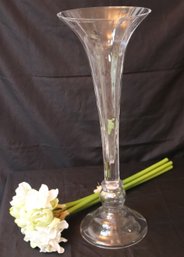 Very Tall Glass Floor Vase Made In Poland With Silk Flowers.