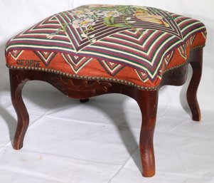 Country French Wooden Stool With Unique Graphic And Floral Needlepoint Seat