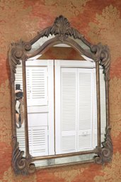 Ornate Metal Wall Mirror With Antiqued Glass & A Beveled Edge With A Rustic Finish Approx. 26 X 38 Inches