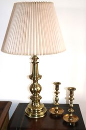 Early American Style Heavy Brass Table Lamp With A Pleated Shade & Brass Candlesticks With Cm Label
