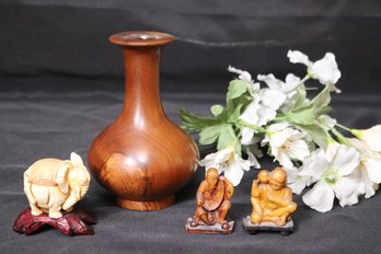 Polished Hand Turned Wood Vase And Assorted Carved Wood/ Resin Figures