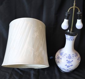 Japanese Blue And White Porcelain Vase As Lamp With Silk Shade.