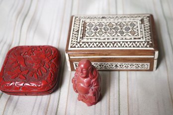 Japanese Porcelain Bowl With Metal Cover, Buddha And Cinnabar Box