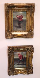 Pair Of Hand Painted Golfing Scenes On Wood In Baroque Style Gold Frames.