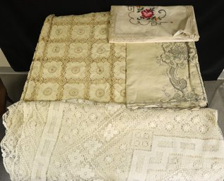 Four Antique Linen Tablecloths With Embroidered Details And Designs. Assorted Sizes