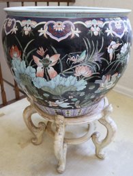 Beautiful Large Fish Bowl Planter With Lotus Flowers And Ducks Painted On Black Background.